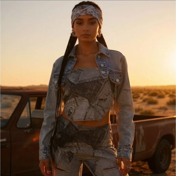 Y2K Denim Patchwork Halter Crop Top by Zemeta – Adjustable Tie Edition NWT L - Picture 1 of 6